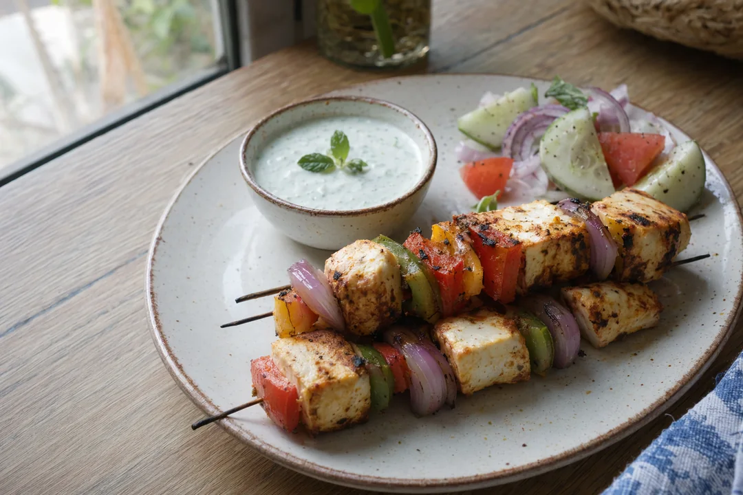 Grilled paneer and vegetable skewers